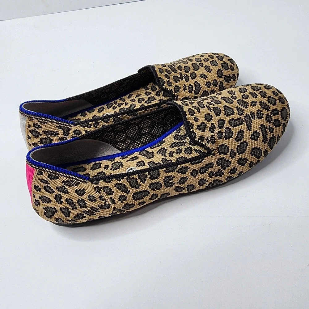 Rothys Girl's Brown Knit Leopard Cheetah Print Slip on Flat Loafer Shoes Size 4